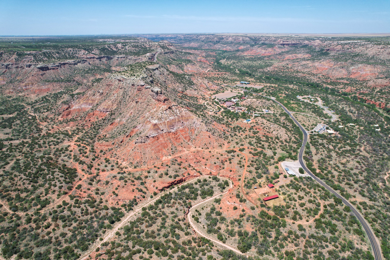 Aerial view from over Palo Duro Canyon State Park, near Canyon Texas