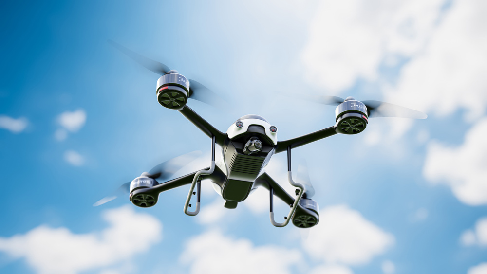 Drone white color flying close-up. taken from below while the sky is clear. 3D Render