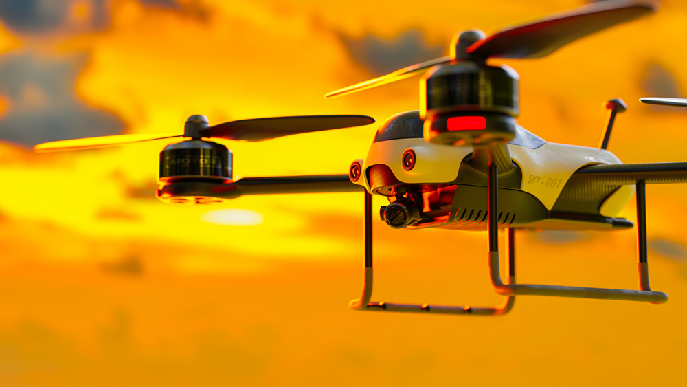 Drone white color flying close-up at sunset. 3D Render